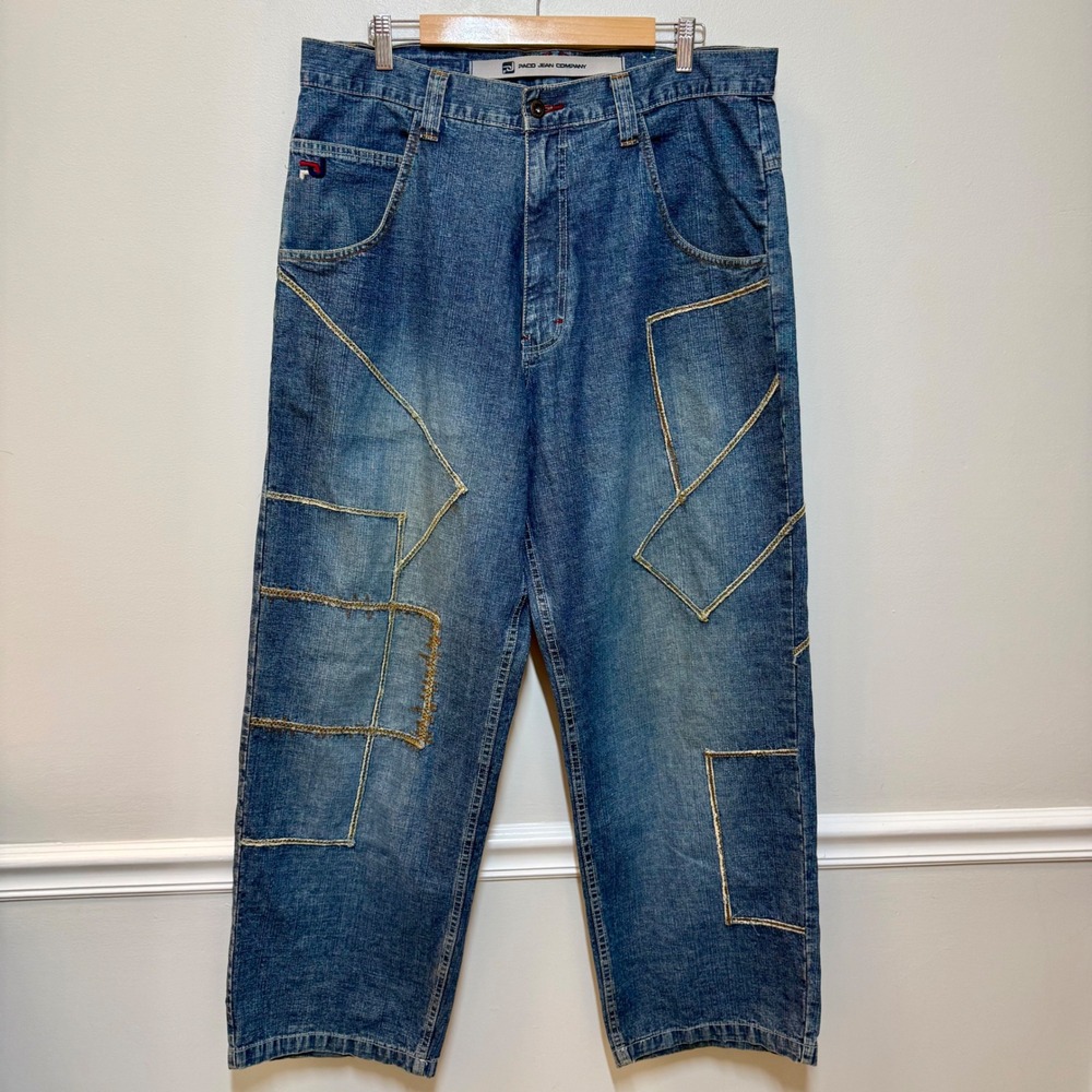 Paco Jeans Mens 36x31 Patchwork Baggy Jeans Blue Wide Leg Y2K Streetwear